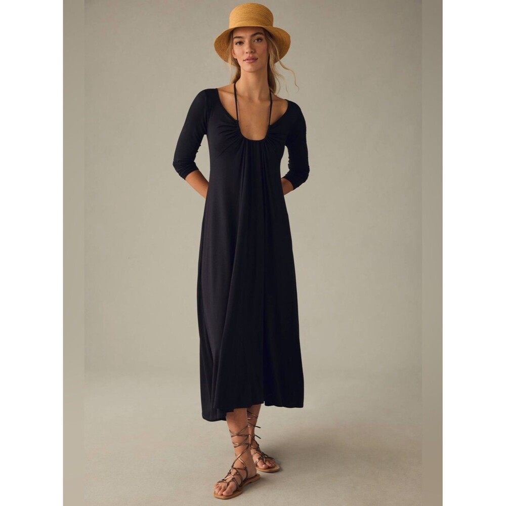 Velvet by Graham & Spencer Jules Black Ruched Neckline Midi Dress Size Small